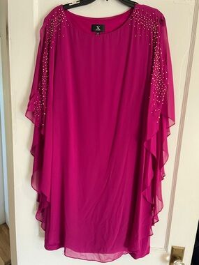 Xscape Fuchsia Beaded Cape Sleeve Dress